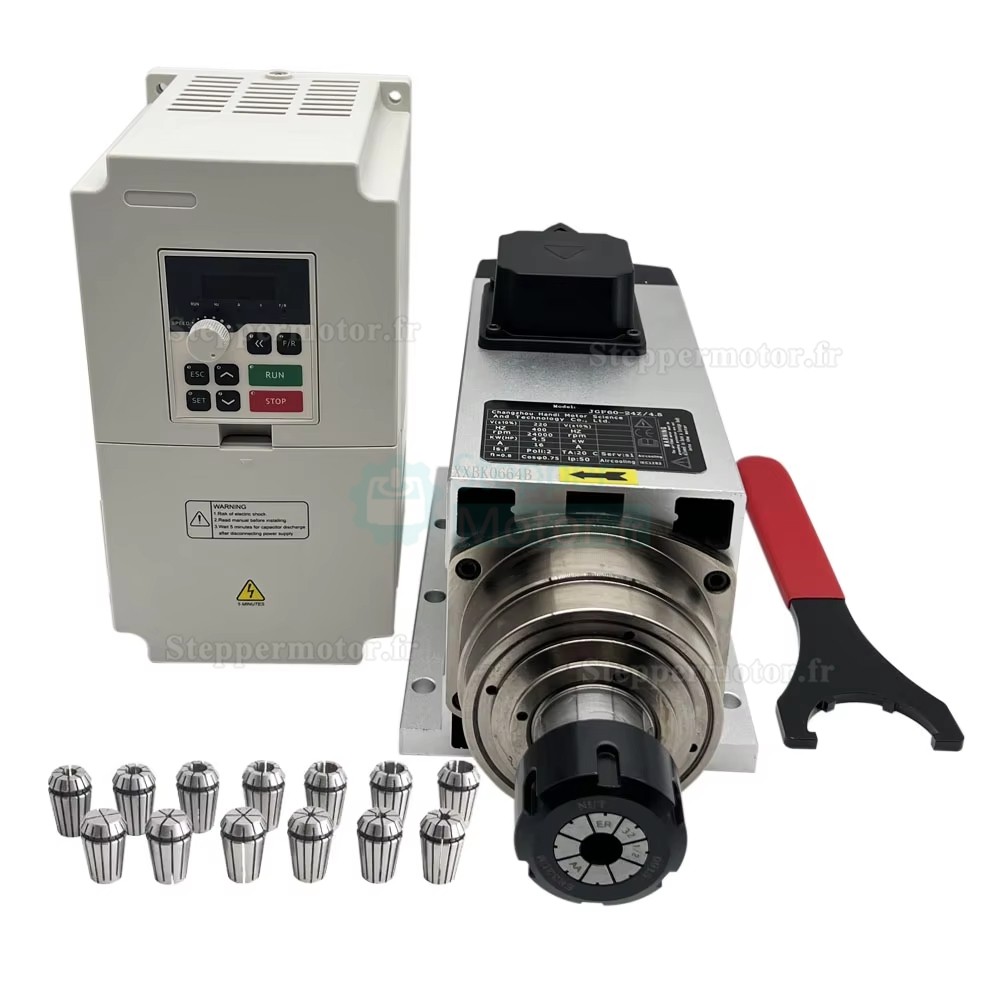 4,5kW 220V/380V Kit moteur de broche refroidi par air JGF-60-24Z/4.5 + H100-5.5S2/T4 avec variateur de fr&eacute;quence (VFD) et 13 pi&egrave;ces pinces ER32